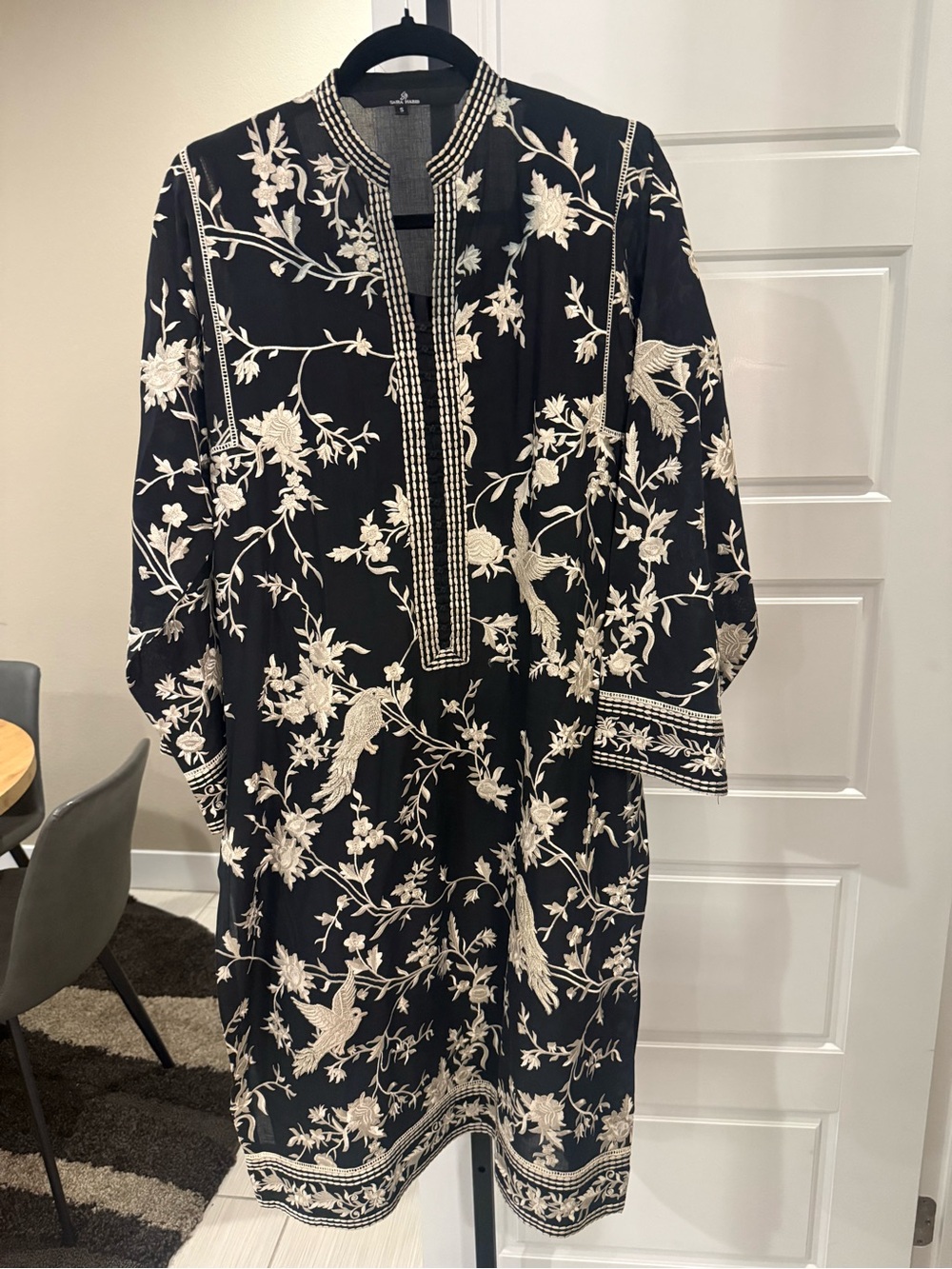 Black Embroidered Long-Sleeve Tunic Dress